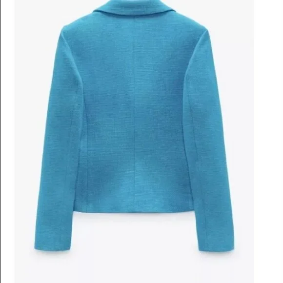 NWT 🦋 ZARA 🌸 TWEED LIKE TEXTURED TURQOUISE BLUE DOUBLE BREASTED BLAZER XS